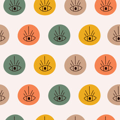 Abstract  seamless pattern  with  open eyes in round colorful shapes on pastel background. Vector hand drawn  illustration.