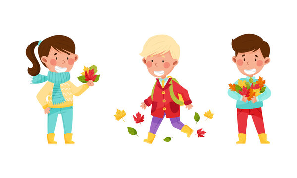 Kids playing outdoors in autumn set. Happy children collecting colorful leaves cartoon vector illustration