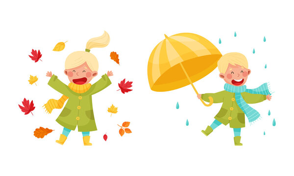 Kids playing outdoors in autumn set. Happy children throwing colorful leaves and walking with umbrella cartoon vector illustration