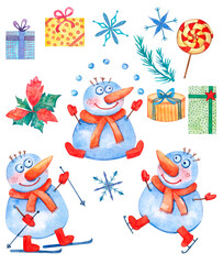 Christmas set of winter holyday elements snowman, gifts, candy,  snowflake watercolor illustration isolated on white.