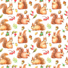 Cute seamless background with Squirrels on white watercolor hand painting illustration.