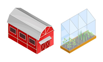 Farm rural buildings set. Red wooden barn and greenhouse isometric vector illustration