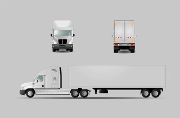 Image of a modern American road train with an insulated body. Side, back and front views. Vector illustration.