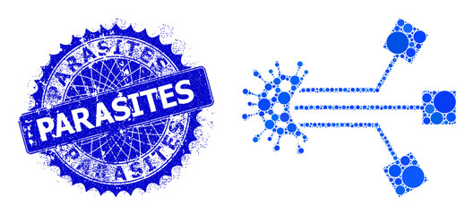 Virus electronics vector composition of circle dots in different sizes and blue color shades, and scratched Parasites stamp seal. Blue round sharp rosette stamp seal has Parasites tag inside.