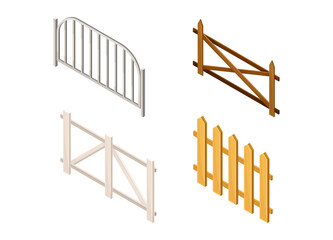 Set of farm or garden wooden fences isometric vector illustration