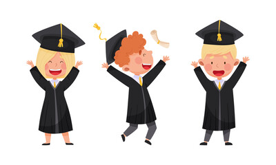 Happy kids in graduation gown and cap at graduation ceremony vector illustration