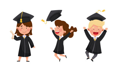 Happy kids students in graduation gown and cap jumping happily at graduation ceremony vector illustration