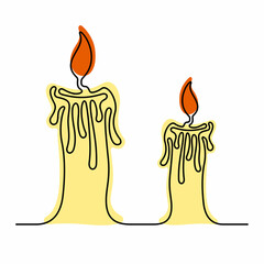 Two candles beautiful minimal continuous line. Christmas design for cards, posters, banners. Isolated vector illustration.