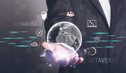Metaverse Technology, Global business, Digital marketing, Digital link tech, IoT Internet of Things, Big data concept. Hand holding virtual world connect Global Network and Data Exchange.