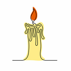 Candle beautiful minimal continuous line. Christmas design for cards, posters, banners. Isolated vector illustration.