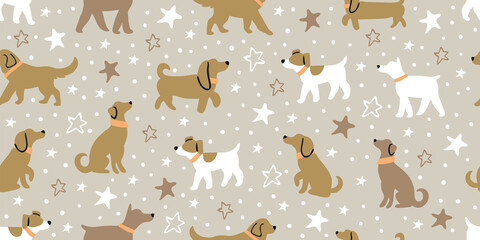 Childish seamless pattern with hand drawn dogs, stars. Trendy scandinavian vector background. Perfect for kids apparel, fabric, textile, nursery decoration, wrapping paper