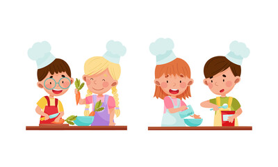 Cute kid chef characters set. Adorable cheerful children preparing food in the kitchen cartoon vector illustration