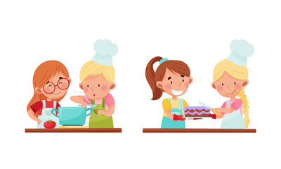 Cute kid chef characters set. Adorable cheerful children preparing tasty dishes cartoon vector illustration