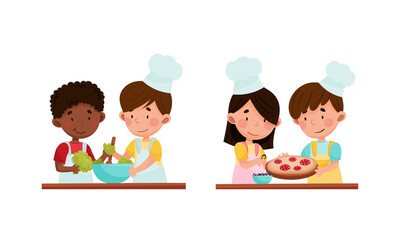 Cute kid chef characters set. Cheerful children little preparing tasty dishes in kitchen cartoon vector illustration