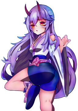 Anime manga girl a sorceress in a Japanese kimono short shorts on a belt with a thick rope she has long purple hair and a cute look sticker	