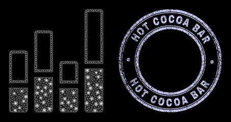 Magic polygonal net bar chart icon with glitter effect on a black background with round Hot Cocoa Bar grunge watermark. Vector model is based on bar chart icon, white mesh net is used.