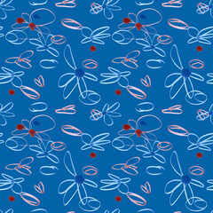 Fototapeta na wymiar Seamless pattern and flowers drawn by line markers on a blue background. For fabric, sketchbook, wallpaper, wrapping paper.
