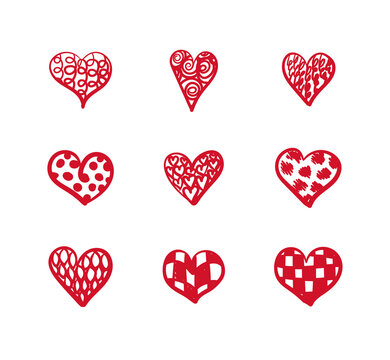 Set of Doodle Cute Textured Hearts Isolated on White Background, Red Hand Drawn.
