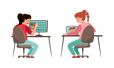 Teenage girl students studying online and communicating with computer. Distance education during quarantine cartoon vector illustration