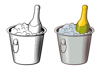 Bottle of sparkling wine in ice bucket. Retro style vector illustration in two variations: colored and outline