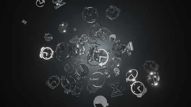 Shiny metallic time icons flying in random motion on dark environment with volumetric back lighting.