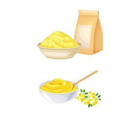 Bowls of ground mustard seeds and sauce set. Natural organic healthy product vector illustration