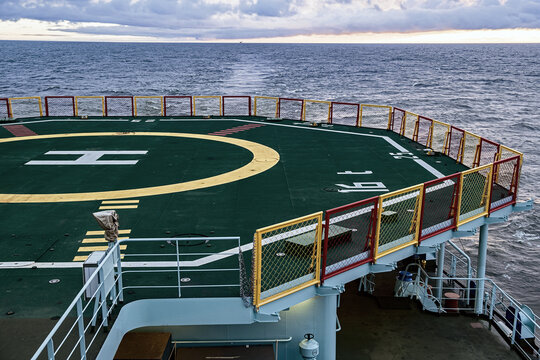 The helipad of the ship. Helipad on the ship at sunset.
