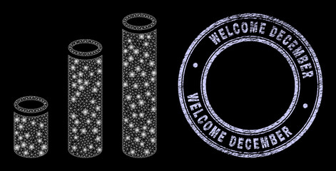 Shiny polygonal web cylinder chart icon with glare effect on a black background with round Welcome December scratched seal. Vector constellation based on cylinder chart icon,