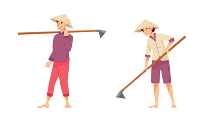 Asian farmers working on farm set. Peasants in straw conical hats working with hop on field cartoon vector illustration