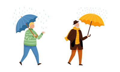 Men walking with umbrellas set. People in casual autumn outfit holding umbrella on rainy day cartoon vector illustration