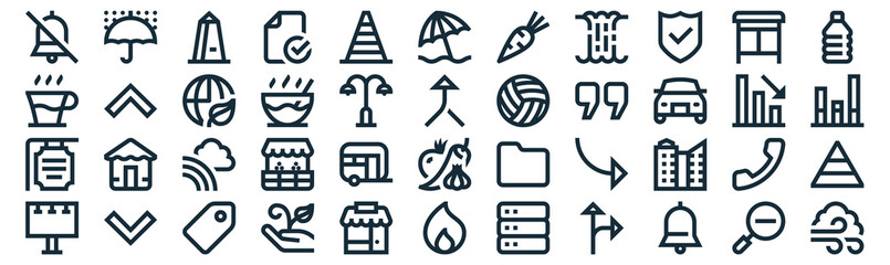 miscellaneous thin line icon set such as pack of simple cone, soup, rainbow, down chevron, , ecology, bus stop icons for report, presentation, diagram, web design