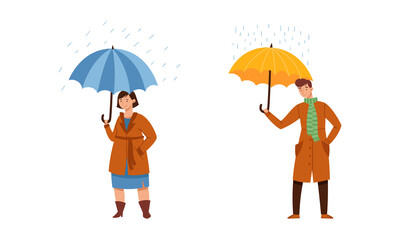 People walking with umbrellas on rainy day. Man and woman in casual autumn outfit holding umbrella cartoon vector illustration