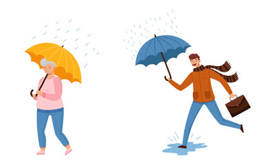 People walking with umbrellas set. Elderly woman and young man in casual autumn outfit holding umbrella on rainy day cartoon vector illustration
