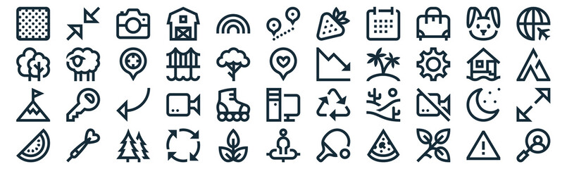 miscellaneous thin line icon set such as pack of simple rainbow, bridge, curve arrow, dart, goal, pin, rabbit icons for report, presentation, diagram, web design