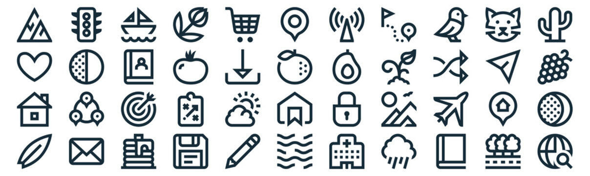 miscellaneous thin line icon set such as pack of simple shopping cart, tomato, target, email, house, agenda, cat icons for report, presentation, diagram, web design
