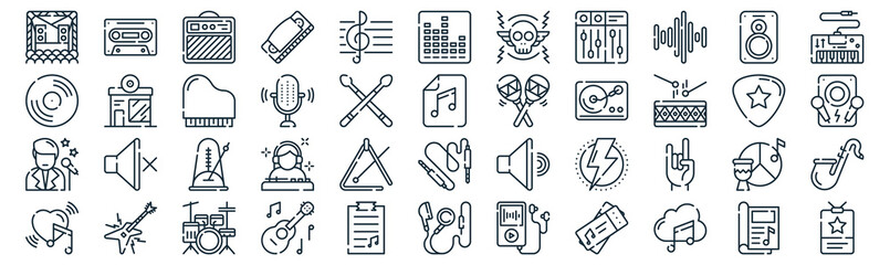 Fototapeta music thin line icon set such as pack of simple treble clef, microphone, metronome, electric guitar, singer, piano, speaker icons for report, presentation, diagram, web design obraz