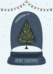 Snow globe with winter christmas tree, christmas balls and light chain. Fir tree, snow, snowflakes, snowfall, lights and merry christmas text. Vector illustration.