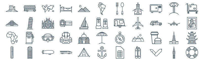 travelling thin line icon set such as pack of simple egypt pyramids, camcorder, diving glasses, phone booth, africa map, duomo di milano, palm on island icons for report, presentation, diagram, web