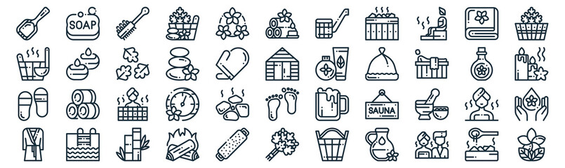 sauna thin line icon set such as pack of simple lotus, hot stones, sauna, swimming pool, flip flops, leaves, towel icons for report, presentation, diagram, web design