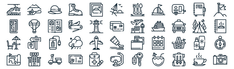travel thin line icon set such as pack of simple photo, swiss knife, power bank, hotel, restaurant, travel, journal icons for report, presentation, diagram, web design