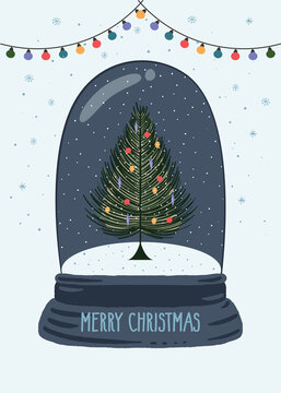 Snow globe with winter christmas tree, christmas balls and light chain. Fir tree, snow, snowflakes, snowfall, lights and merry christmas text. Vector illustration.
