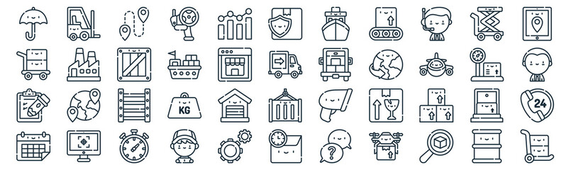 logistic thin line icon set such as pack of simple statistics, container, shelf, tracking, checklist, wooden, lift icons for report, presentation, diagram, web design