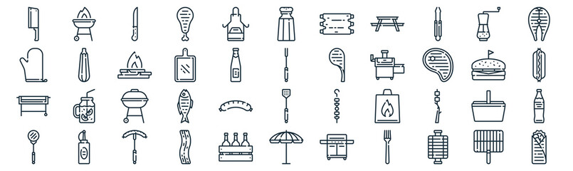 barbecue thin line icon set such as pack of simple apron, cutting board, grill, mustard, brazier, bonfire, salt icons for report, presentation, diagram, web design