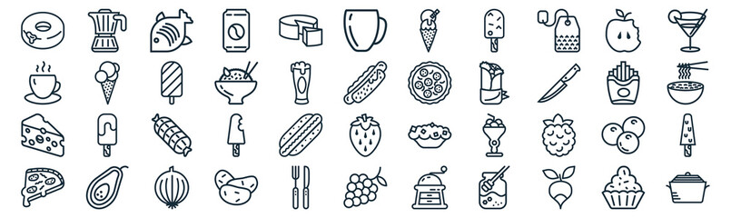 gastronomy collection thin line icon set such as pack of simple cheese, rice, ham, avocado, cheese, ice cream, icons for report, presentation, diagram, web design