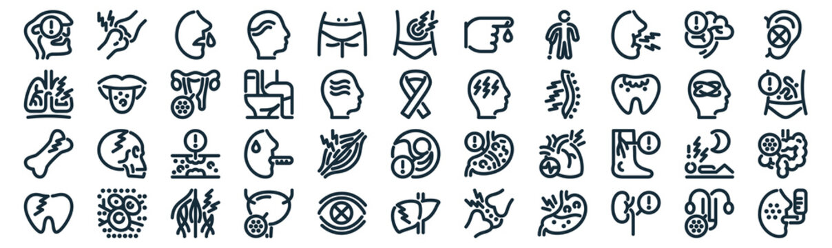 disease thin line icon set such as pack of simple hemorrhoids, wc, thrombus, cancer, broken bone, , mental disorder icons for report, presentation, diagram, web design