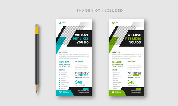 Pet care business rack card design or dl flyer vector templates 