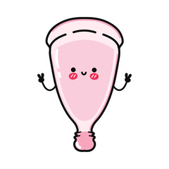 Cute funny jumping menstrual cup waving hand character. Vector hand drawn cartoon kawaii character illustration icon. Isolated on white background. Menstrual cup character concept