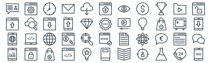 seo and marketing thin line icon set such as pack of simple cloud computing, cellphone, earth globe, browser, cellphone, browser, data storage icons for report, presentation, diagram, web design