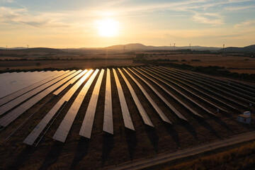 Aerial shot of ground-mounted solar panels, on a solar farm, at sunset.