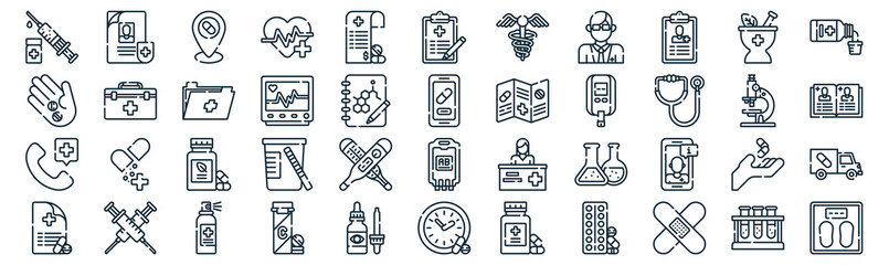 phary thin line icon set such as pack of simple invoice, heart rate, herbal, sye, phone, folder, herbal icons for report, presentation, diagram, web design